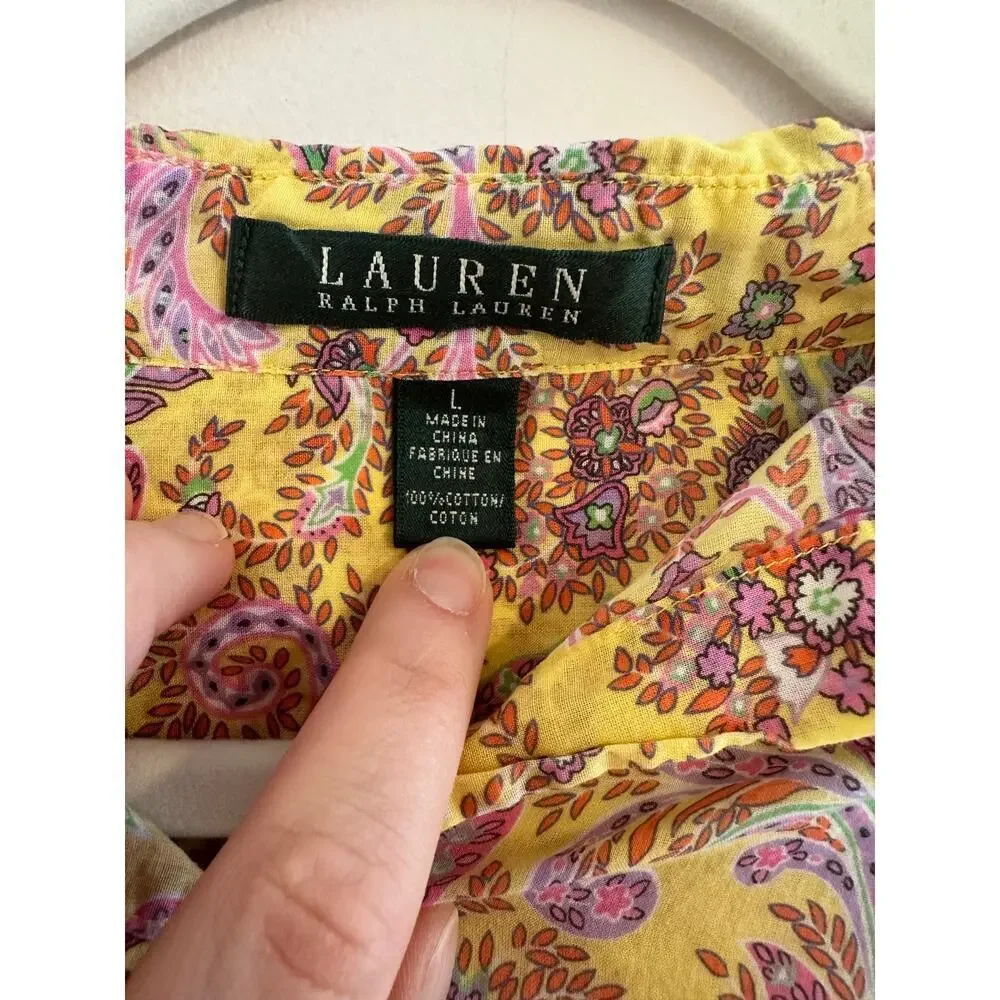 Ralph Lauren Women's 100% Cotton Preppy Purple/Yellow Pailsey Button Down Large - Picture 3 of 6